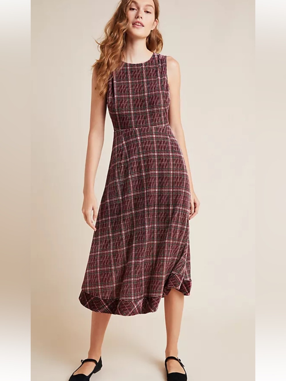 Anthropologie | Eri + Ali Romy Plaid Velvet Midi Dress in Plaid Plum Size XS